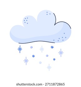 Hand drawn cloud and snow. Winter and snowfall. Sky and weather design element. Isolated vector illustration on white background.