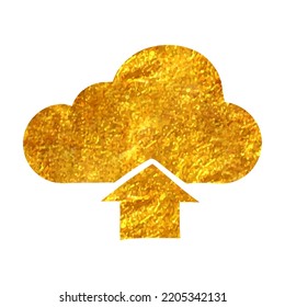Hand drawn Cloud upload icon in gold foil texture vector illustration