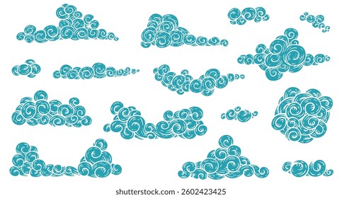 Hand drawn clouds in cartoon sketch style. Set of vintage color design elements. Retro vector illustration for print.
