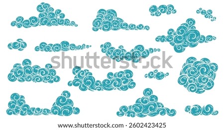 Hand drawn clouds in cartoon sketch style. Set of vintage color design elements. Retro vector illustration for print.