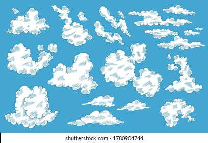 Hand drawn clouds in cartoon style. Doodle sky collection. Vector illustration on blue background