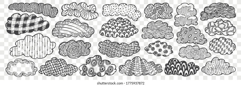 Handgezeichnete Wolken doodle Set. Kollektion von Bleistiftkreideskizzen mit unterschiedlichen Farbtönen innerhalb von Schränken einzeln auf transparentem Hintergrund. Himmelsobjekte Illustration.