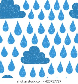 Hand drawn clouds and drops seamless pattern. Rain seamless