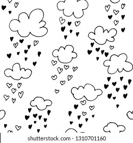 Hand drawn clouds and hearts seamless pattern, background, texture. Black on white. Children's drawing style. Cute vector design for baby kids textile print, Valentine's day, Mother's day, gift wrap.