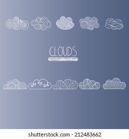 Hand drawn clouds. Icons. Set of vector. 