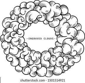 Hand drawn clouds. Outline round cloudy vintage vector background. Cloudscape drawing, sketchy clouds vector illustration