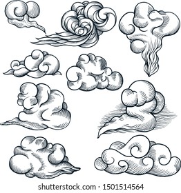 Hand drawn clouds. Outline sketching cloud vintage vector engraving. Cloudscape drawing, sketchy clouds vector illustration