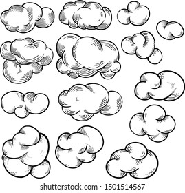 Hand drawn clouds. Outline sketching cloud vintage vector engraving. Cloudscape drawing, sketchy clouds vector illustration