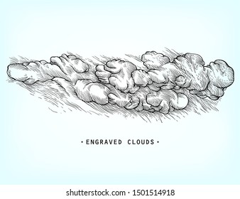Hand drawn clouds. Outline sketching cloud vintage vector engraved background. Cloudscape drawing, sketchy clouds vector illustration