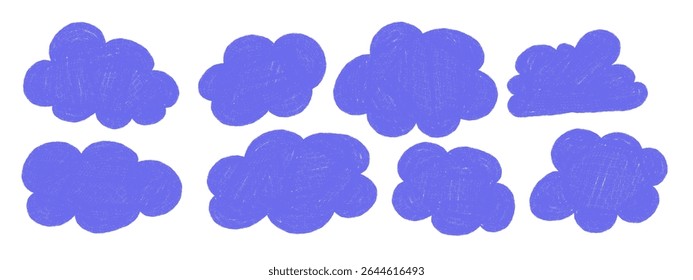 Hand drawn clouds with pastel pencil texture. Childish doodle fluffy cloud set. Vector illustration