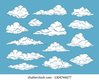 HAND DRAWN CLOUDS. Pencil sketch sky cloudscape. Outline sketching cloud vintage vector engraved background. Cloudscape drawing, atmosphere doodle sketchy clouds illustration