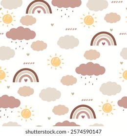 Hand drawn clouds, rainbows and sun, seamless pattern . Cartoon illustartion with cute sky.
