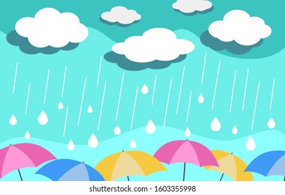 Hand drawn clouds and raindrops with colorful umbrellas in rainy day. Blue sky with rain background vector illustration.
