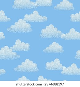 Hand drawn clouds seamless pattern. Blue sky background. Fabric or wrapping paper design