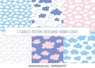 Hand drawn clouds seamless patterns set. Cute dreamy designs for kids. Nursery decor. Vector backgrounds collection.	