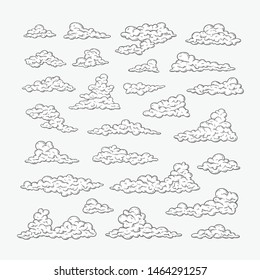 Hand Drawn Clouds Set. Black And White Line Drawing Sky. Vector Illustration