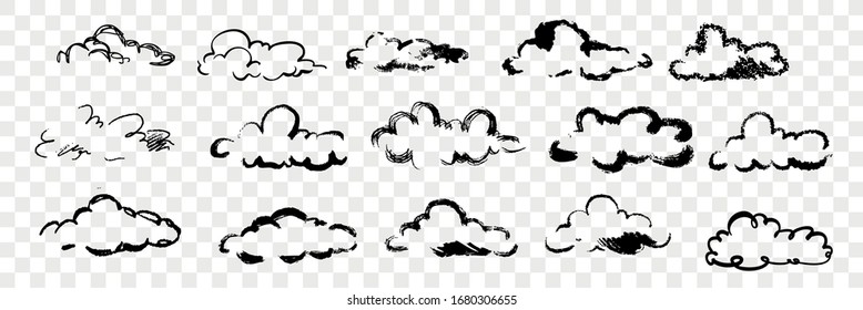 Hand drawn clouds set collection. Various pen or pencil, ink or brush hand drawn clouds. Sketch of different form sky element isolated on transparent background. Vector illustration
