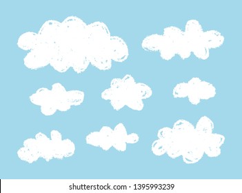 Hand drawn clouds set. Сhalk drawing texture.