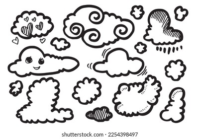  Handgezeichnete Wolken, Set-Illustration einzeln auf weißem Hintergrund.