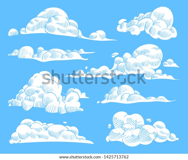 手描きの雲 曇った空をスケッチし ビンテージが刻まれた丸い雲 落書き風自然の天国 アウトライン天気記号のクリエイティブなヌーブ 鉛筆のテクスチャベクター画像セット のベクター画像素材 ロイヤリティフリー