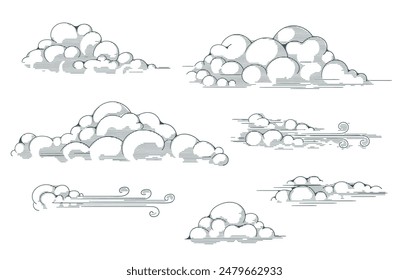 Hand drawn clouds sketch. Outline cloud set isolated vector illustration