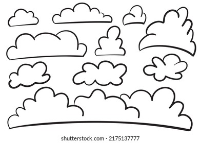 Hand drawn clouds. Sketchy cloud set isolated, sketched sky, pencil outline heaven, doodle clouds vector illustration