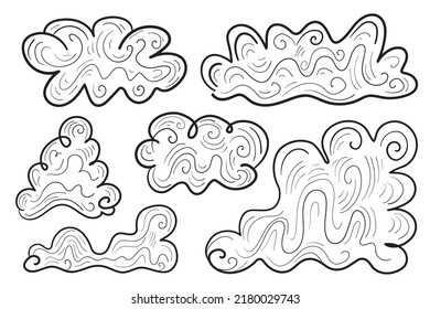 Hand drawn clouds. Sketchy cloud set isolated, sketched sky, pencil outline heaven, doodle clouds vector illustration