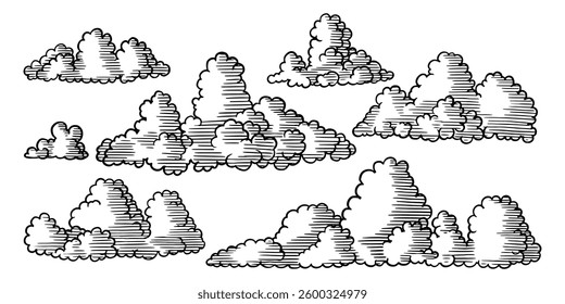 Hand drawn Clouds in sketchy style in monochrome. engraved big and small in different shapes for pillows or textile products. Vintage traditional drawing for your business