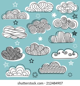 Hand drawn clouds with stars. Set of vector clouds. Design elements.