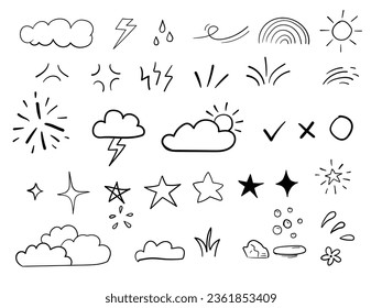 Hand drawn clouds, storm, stars, bush sparkle element