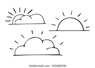 Hand drawn clouds and sun icons isolated on white background. Vector illustration