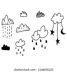 Hand drawn  clouds vector set. Lots of cute clouds, rain, stars and moon illustrations. Best for posters, logos, illustrations.