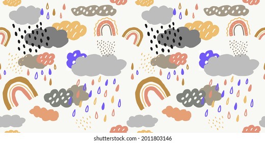 Hand drawn clouds and weather background. Clouds, rain modern pattern seamless. Cute elements for wrapping paper, wallpapers, fabric, abstract print