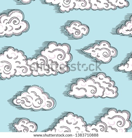 Hand Drawn Cloudy Sky Vector Seamless Pattern