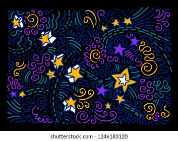 Hand drawn clour pattern with stars and spirals. Wall decoration for kids club. Vector doodle style drawing.