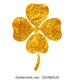 Hand Drawn Clover Icon In Gold Foil Texture Vector Illustration