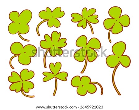 Hand Drawn Clover Leaf Collection. A lively collection of clover leaf icons featuring rounded sharp and irregular petal styles with playful red outlines. Perfect for lucky charm themes seasonal decor