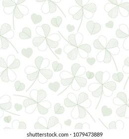 Hand drawn clover leaf outline seamless pattern on white background