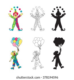 Hand drawn clown collection. Vector illustration.