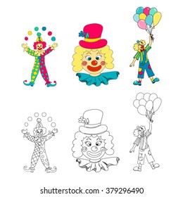 Hand drawn clown collection. Vector illustration.