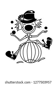 Hand drawn clown juggling on a ball with a hat.