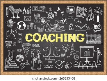 Hand drawn coaching on chalkboard. Business doodles.
