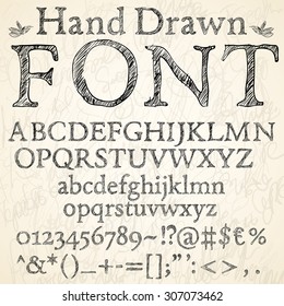 Hand drawn coal or pencil sketched font: letters, numbers and symbols on a blackboard background, vector illustration