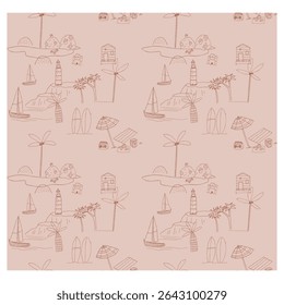 Hand Drawn Coastal Doodle Pattern - Seamless Beach Vacation Outline Design