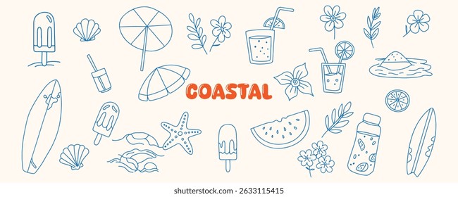 Hand drawn coastal elements and beach doodle vector set with shells, birds, waves, sailboats, and lighthouse illustrations for summer design projects

