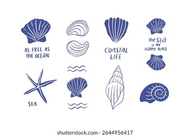 Hand drawn coastal life collection. Sea art vector drawing. Underwater, marine illustration with seashells. Ocean whimsical shell with saying. Mediterranean aquatic set with handwritten lettering.
