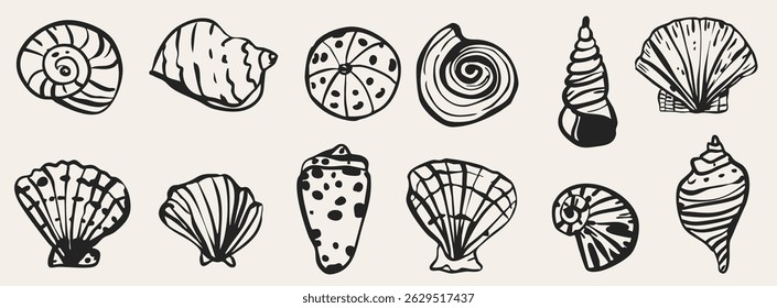 Hand drawn coastal minimalist sea shell food animals, starfish sketch doodle retro vintage style isolated on white. Restaurant menu design collection