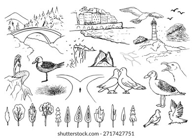 Hand drawn coastal and nature vector set featuring lighthouses, seagulls, a mermaid, and scenic landscapes. Elegant black and white line art for travel maps, wedding stationery, and outdoor themes