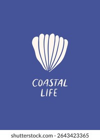 Hand drawn coastal poster with seashell. Mediterranean sea vector illustration. Ocean shell art drawing. Dolce vita graphic. Marine life on blue background. Undersea aesthetic wall art