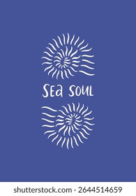 Hand drawn coastal poster with seashells. Mediterranean sea vector illustration. Ocean shell art drawing. Dolce vita graphic. Marine life on blue background. Undersea aesthetic wall art